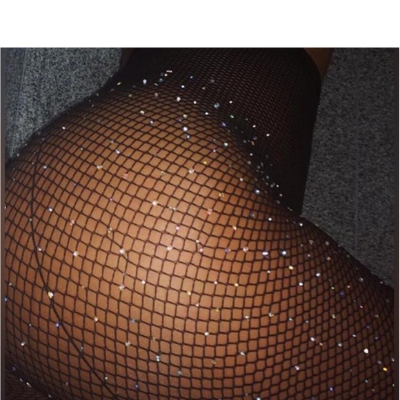 Black Faux Leather Skirt and Rhinestone Fishnet Tights Bundle - Picture 11 of 13